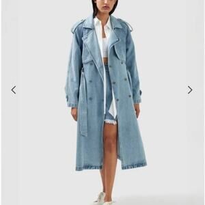 Belle Bloom Jacket Large Trench Skies Stylish Light Blue Denim Coat Belted Chic